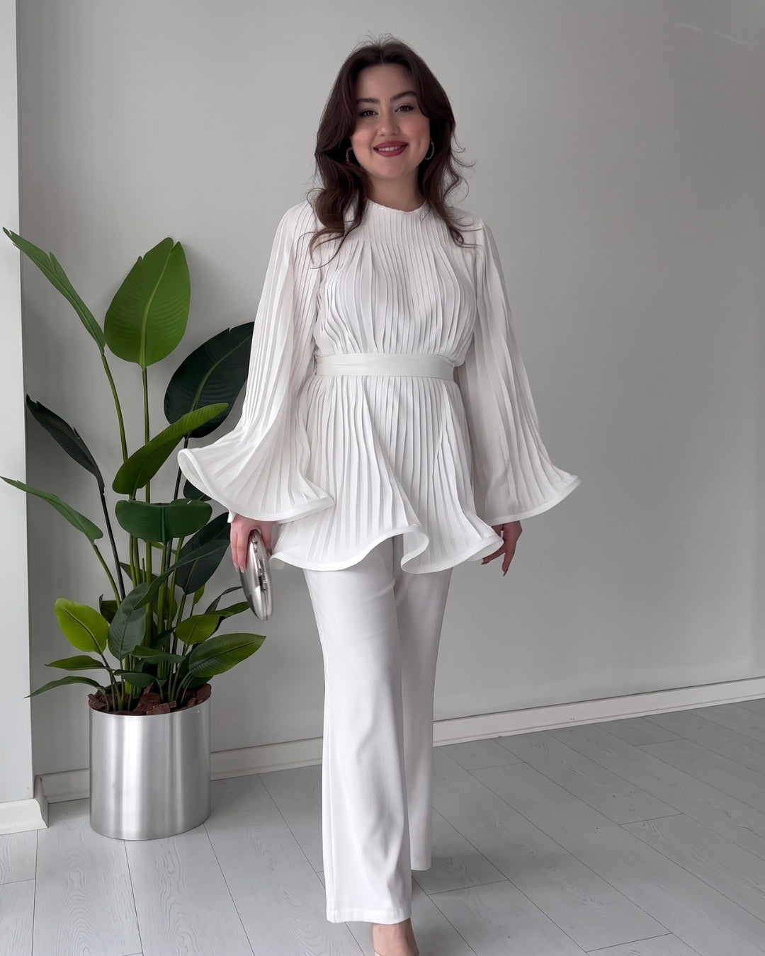 Lavira - White Pleated Bell Sleeve Co-Ord Set