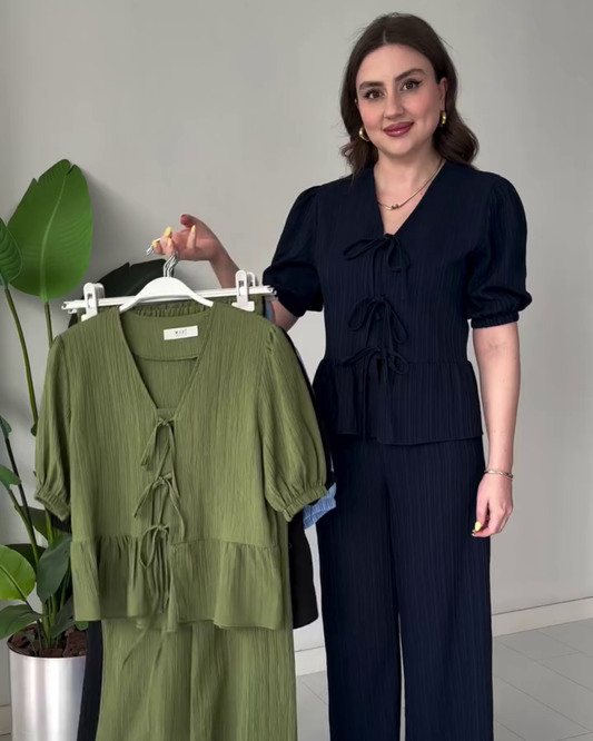 Nora – Olive Green Crinkle Co-ord Set with Tie-Up Front