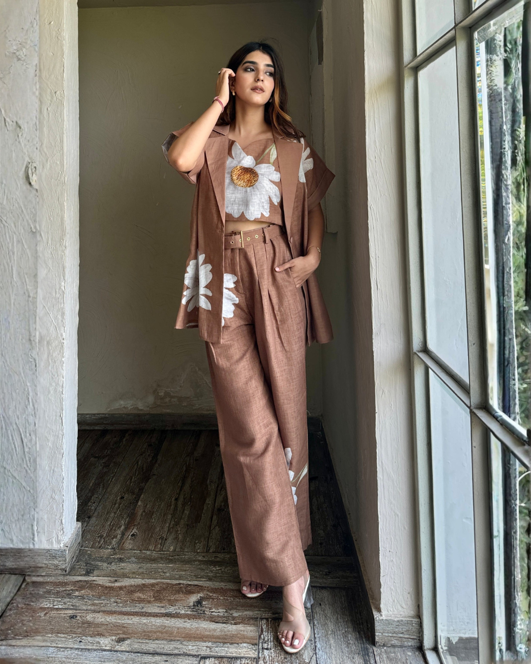 Velmora warm mocha 3-piece co-ord set with floral print