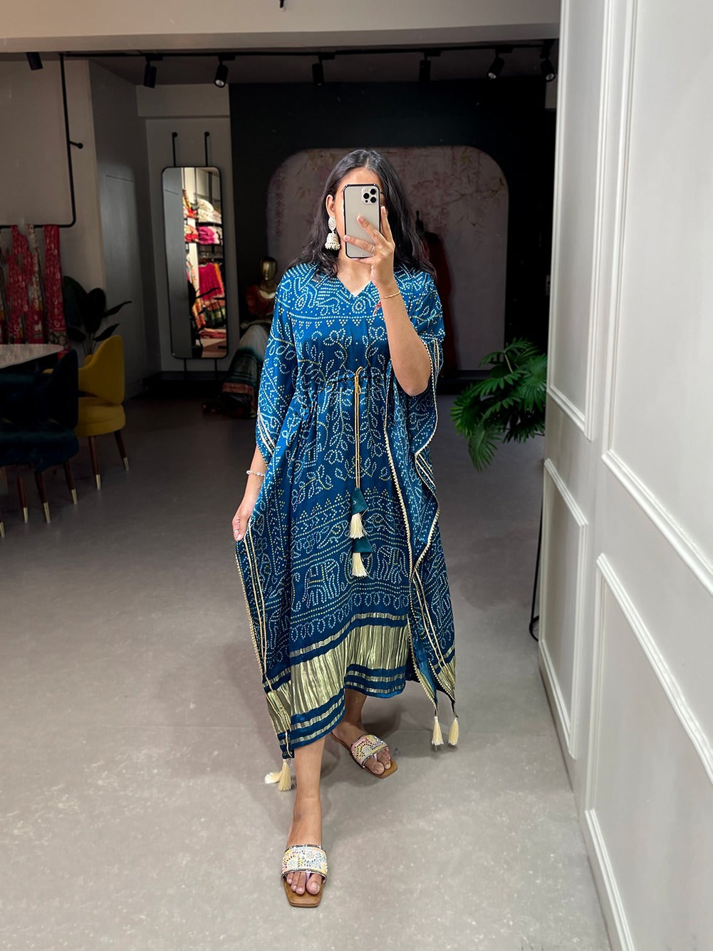 Heritage Glow teal blue printed satin-blend kaftan