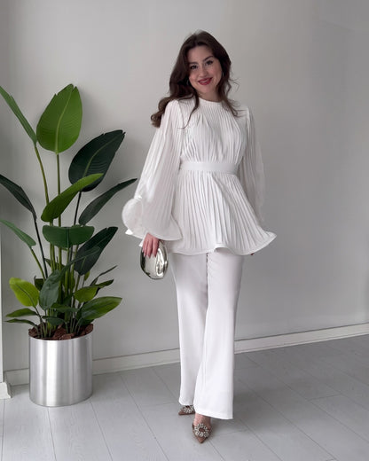 Lavira - White Pleated Bell Sleeve Co-Ord Set