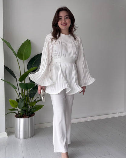 Lavira - White Pleated Bell Sleeve Co-Ord Set