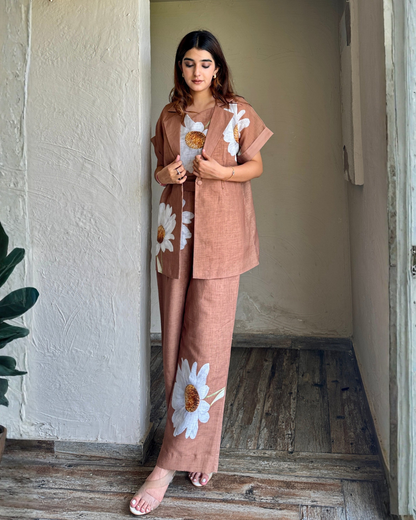Velmora – Mocha 3-Piece Co-ord Set with Floral Print