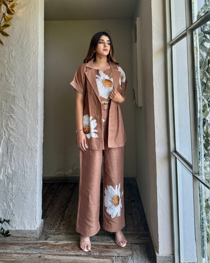 Velmora – Mocha 3-Piece Co-ord Set with Floral Print