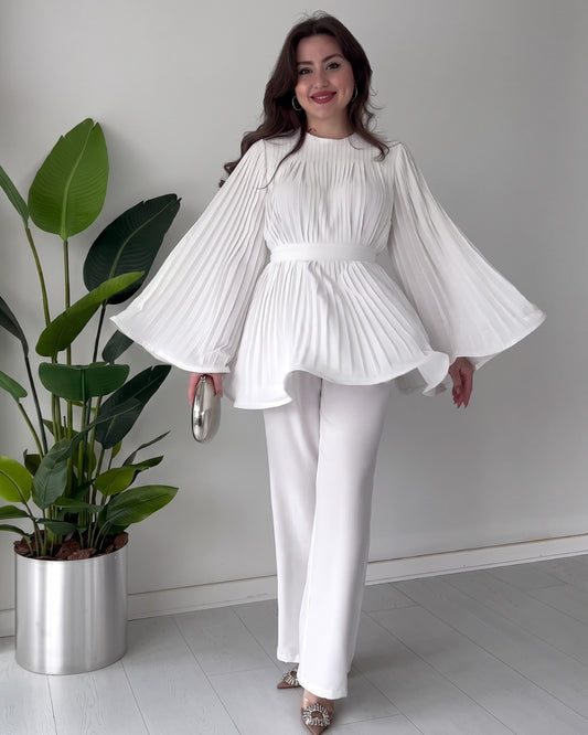 Lavira - White Pleated Bell Sleeve Co-Ord Set