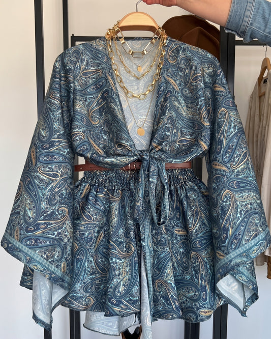 Ovila - Blue Paisley Kimono Sleeve Co Ord Set