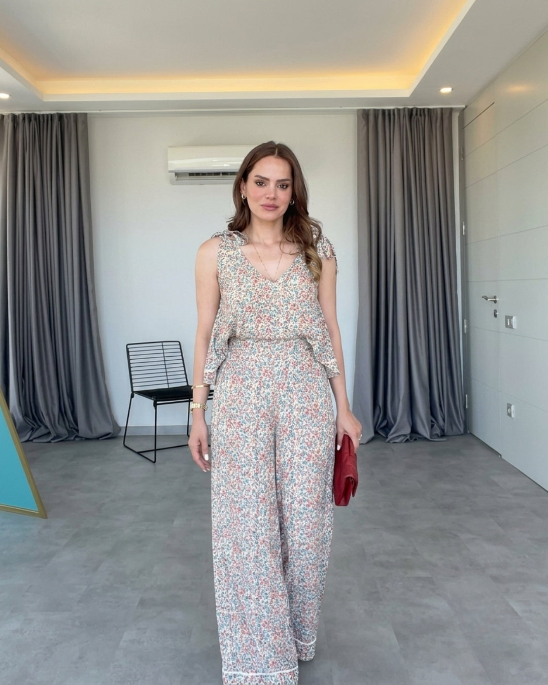 Kiara - Floral Tie-Shoulder Top Wide-Leg Pants Set