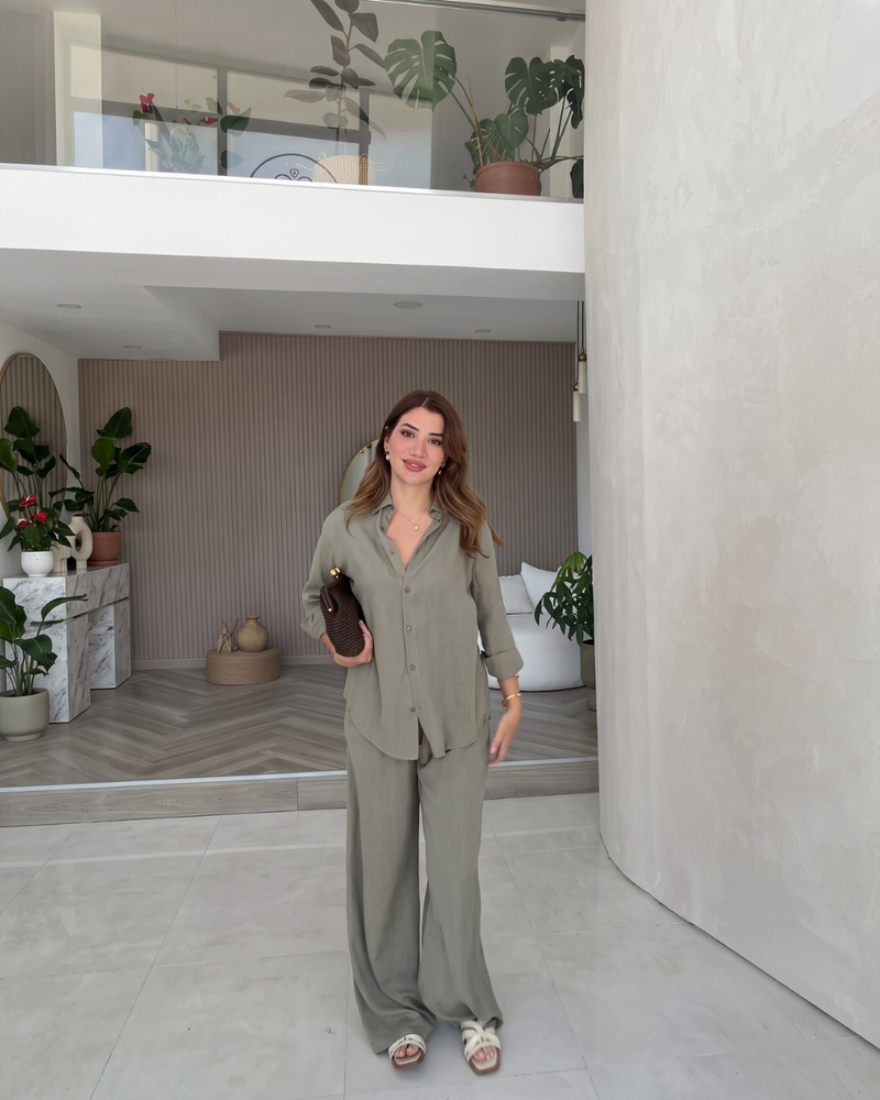 Daizy - Sage Relaxed Shirt Wide Leg Pants Co-ord Set