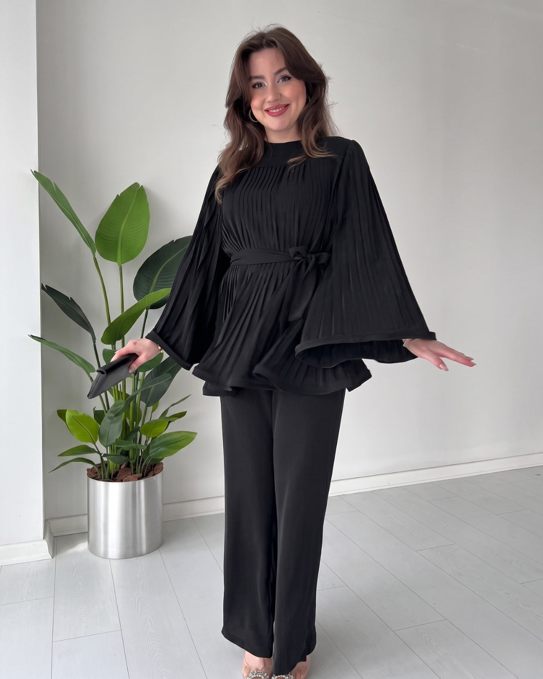 Lavira - Black Pleated Bell Sleeve Co-Ord Set