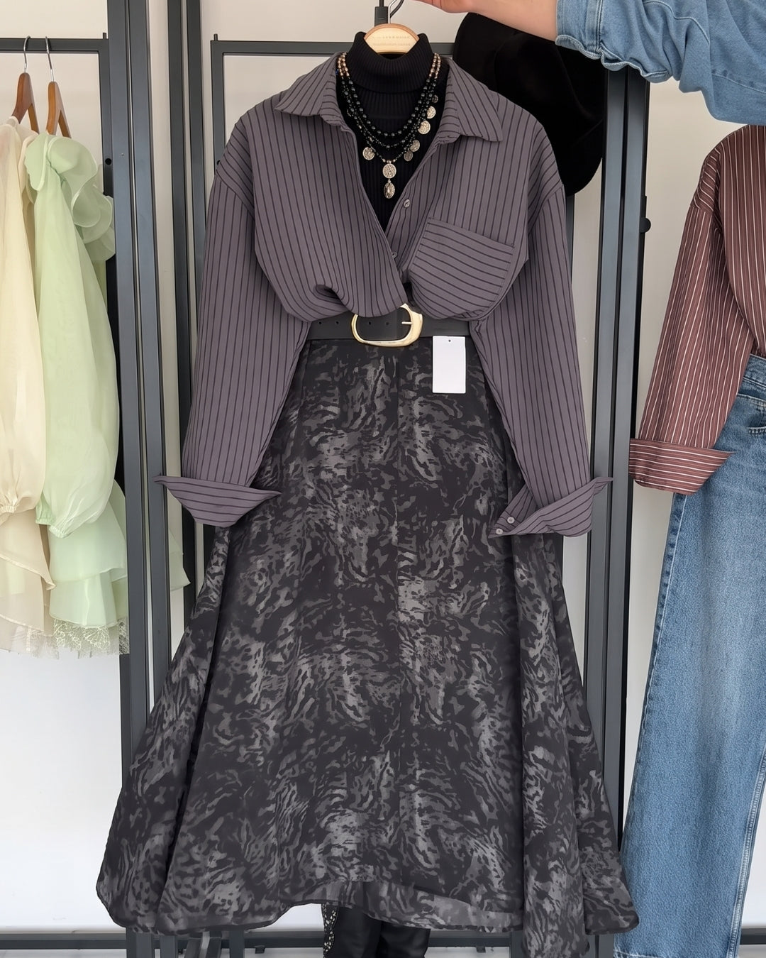 Calia - Smoky Marble Print A-Line Midi Skirt