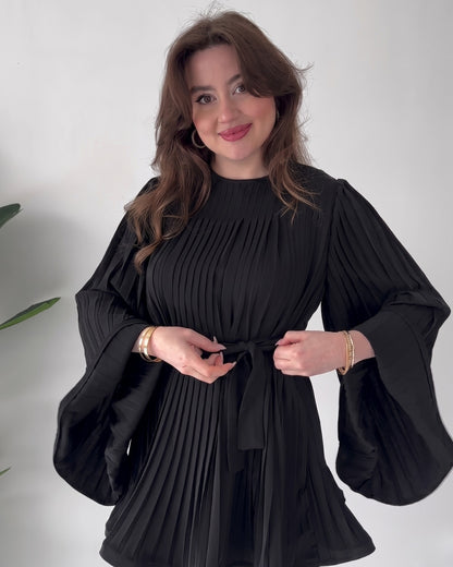 Lavira - Black Pleated Bell Sleeve Co-Ord Set
