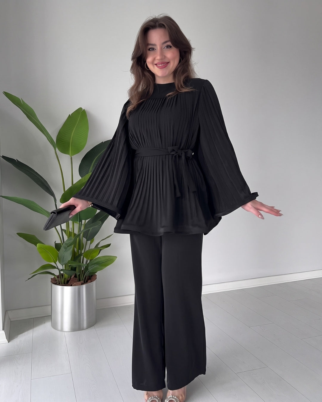 Lavira - Black Pleated Bell Sleeve Co-Ord Set