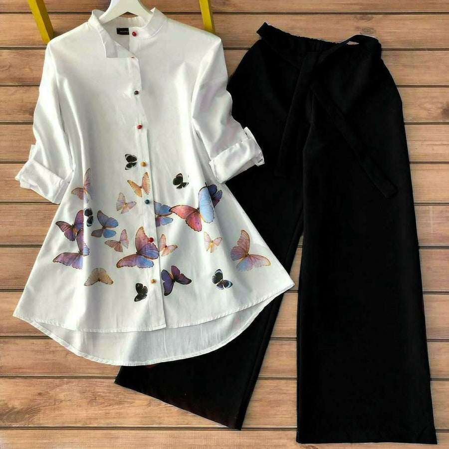 Flutter Bloom - Butterfly Print Shirt & Black Pants Co-ord Set