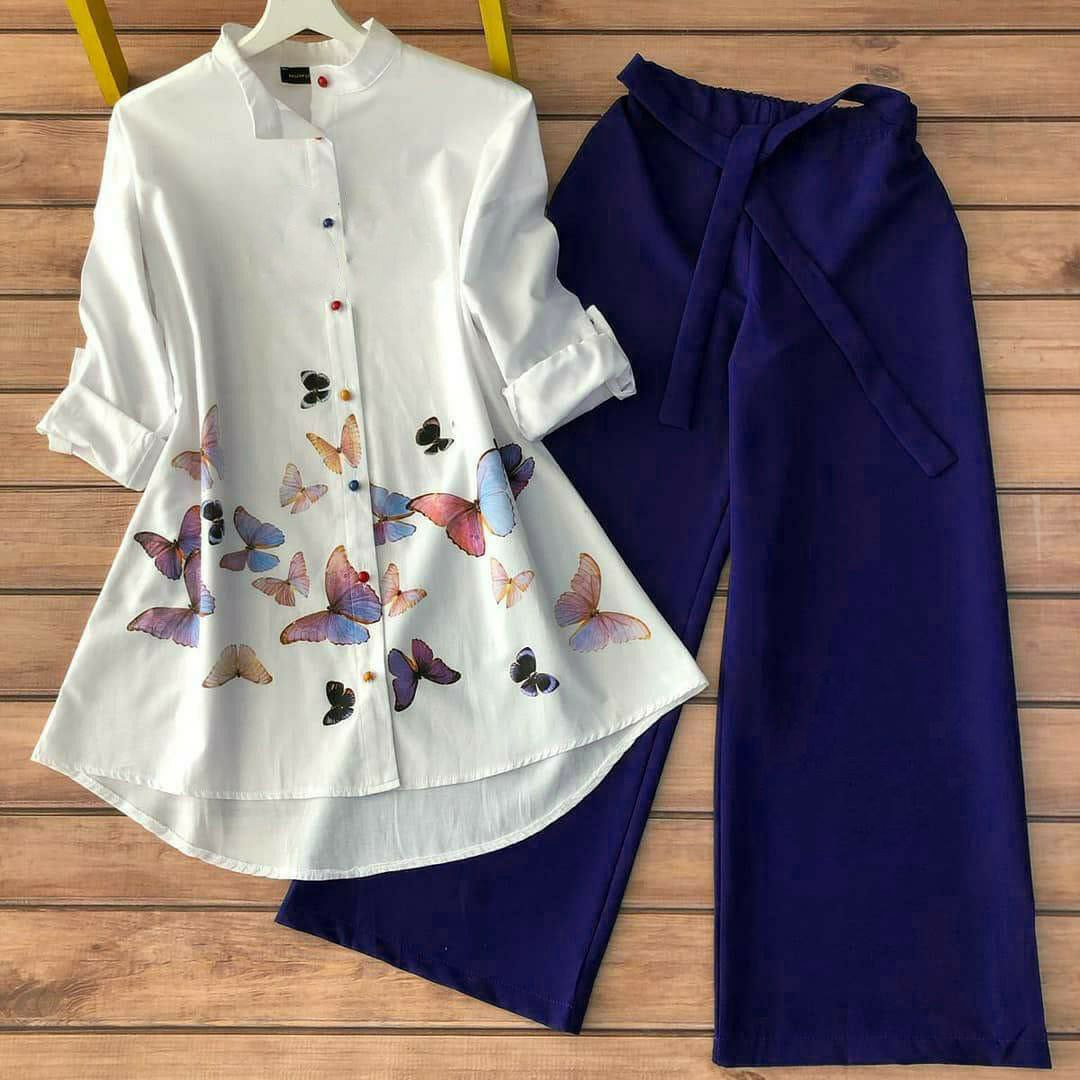 Flutter Bloom - Butterfly Print Shirt & Navy Pants Co-ord Set