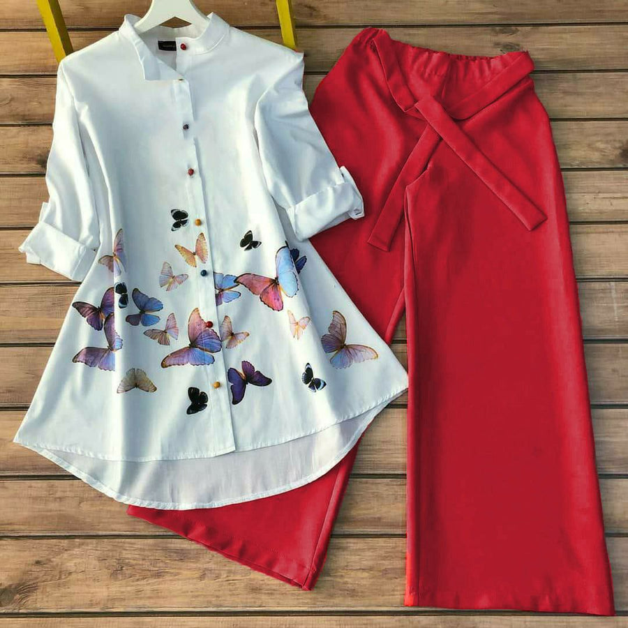 Flutter Bloom - Butterfly Print Shirt & Red Pants Co-ord Set