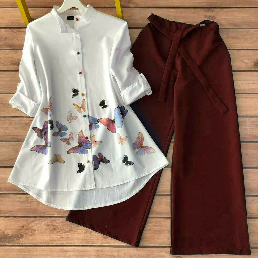 Flutter Bloom - Butterfly Print Shirt & Maroon Pants Co-ord Set