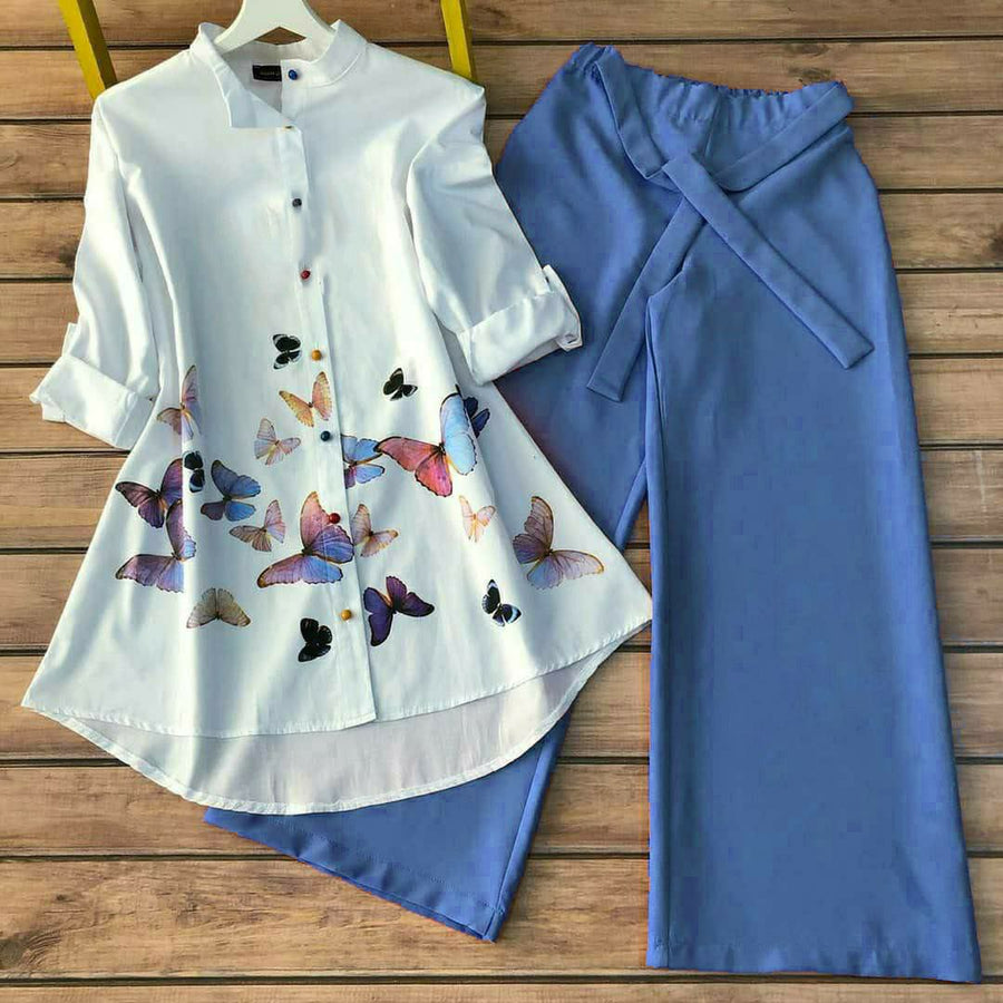 Flutter Bloom - Butterfly Print Shirt & Denim Blue Pants Co-ord Set