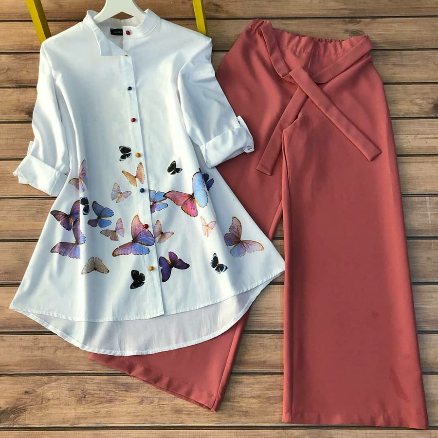 Flutter Bloom - Butterfly Print Shirt & Coral Pants Co-ord Set