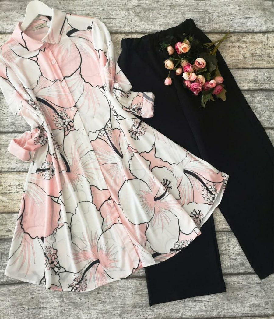 Pastel Bloom - Blush Pink Print & Black Pants Co-ord Set