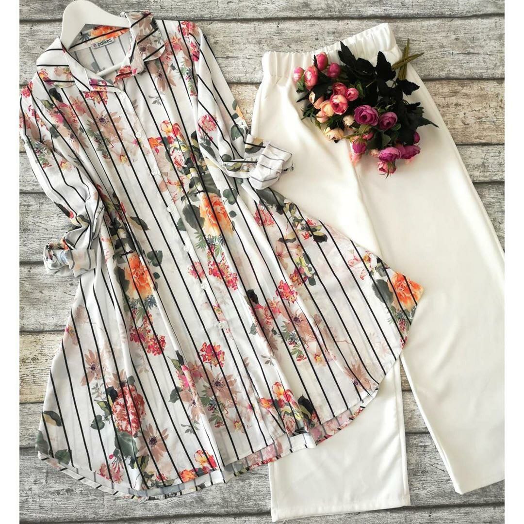 Pastel Bloom - White Striped Floral Print Co-ord Set
