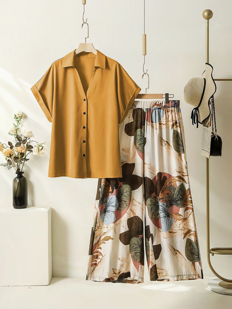 Soft Bloom - Mustard Shirt & Floral Pants Co-ord Set