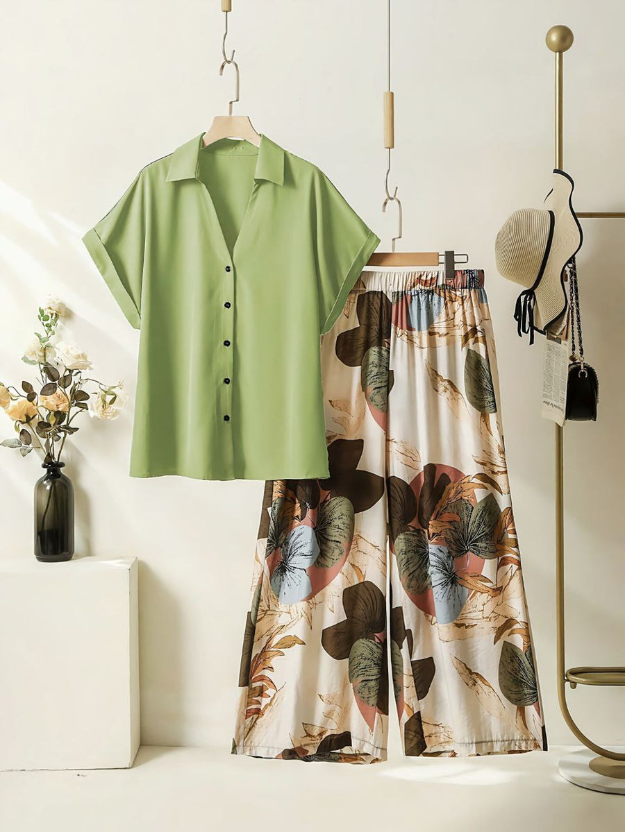 Soft Bloom - Sage Green Shirt & Floral Pants Co-ord Set