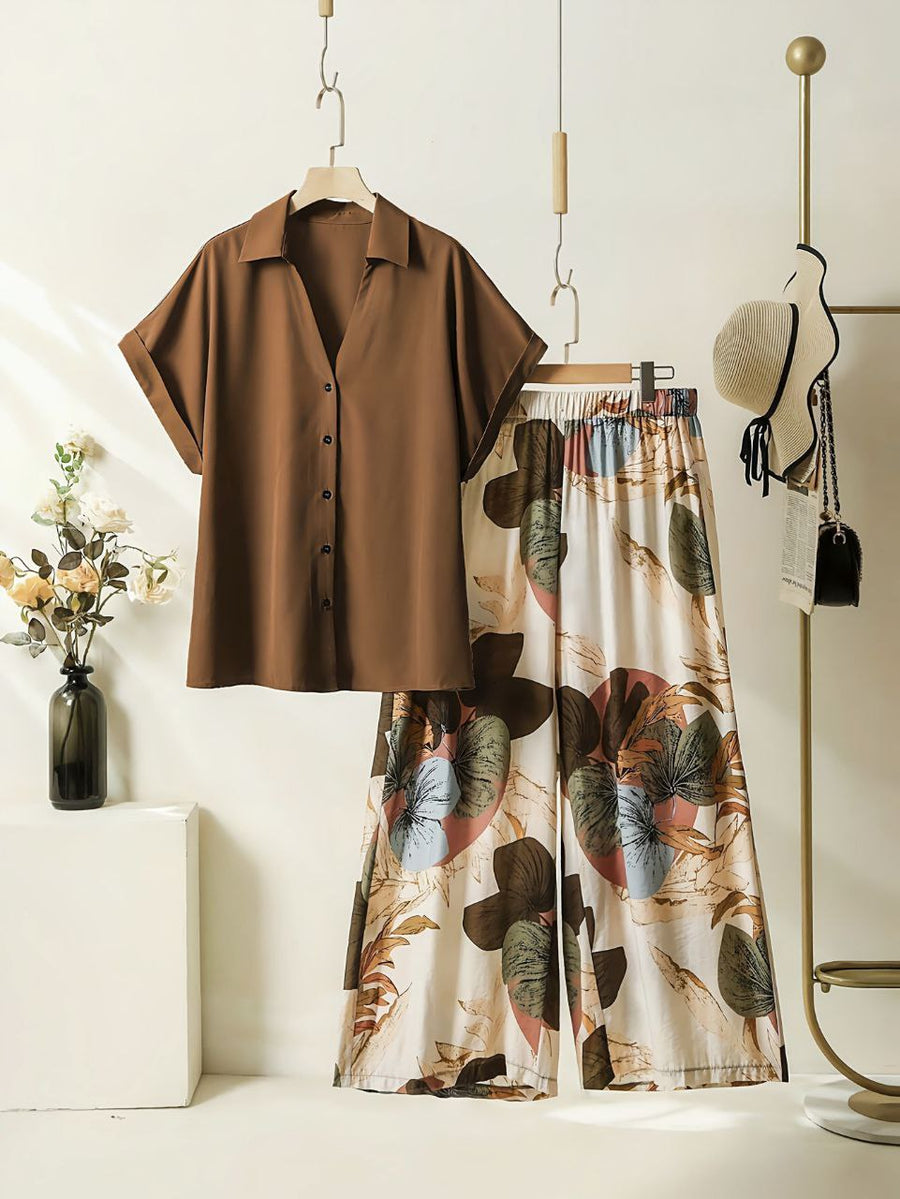 Soft Bloom - Brown Shirt & Floral Pants Co-ord Set