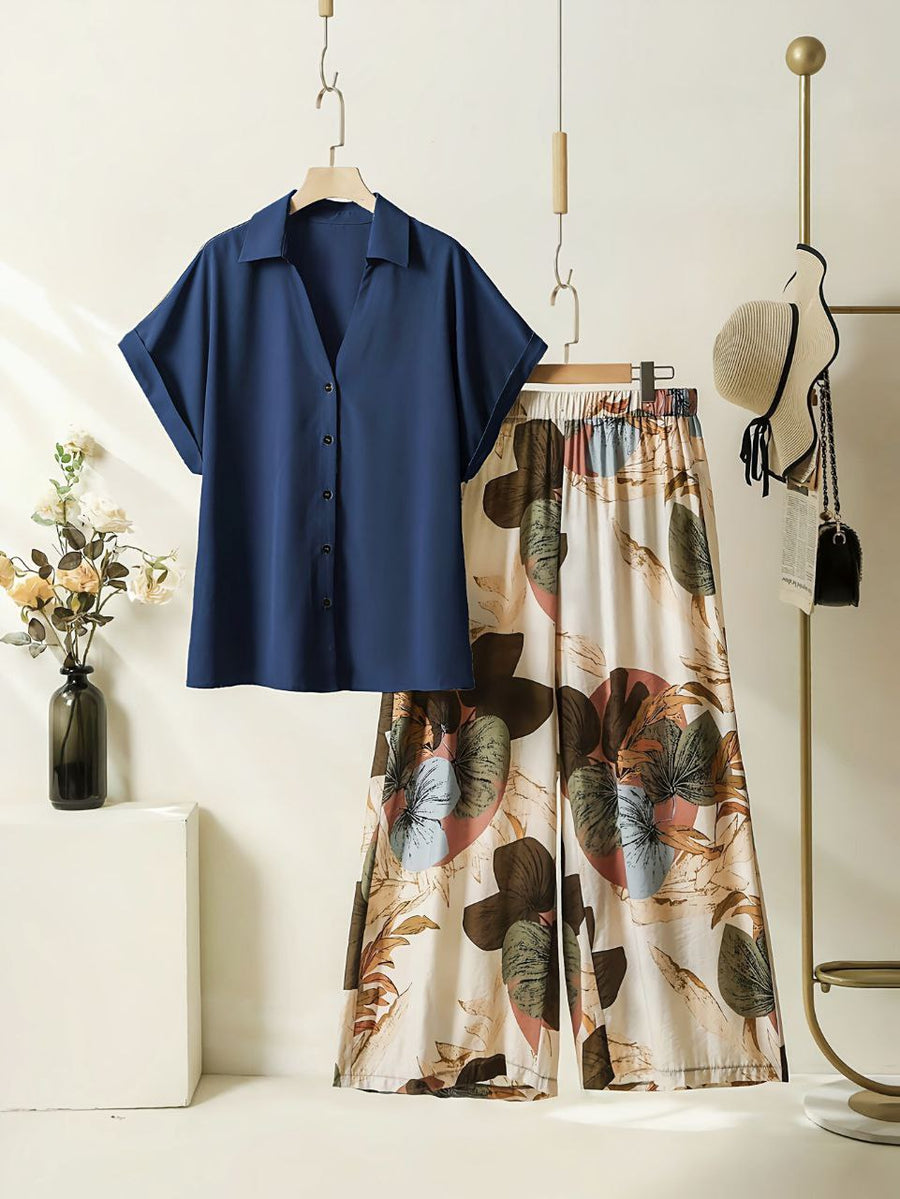 Soft Bloom - Navy Shirt & Floral Pants Co-ord Set