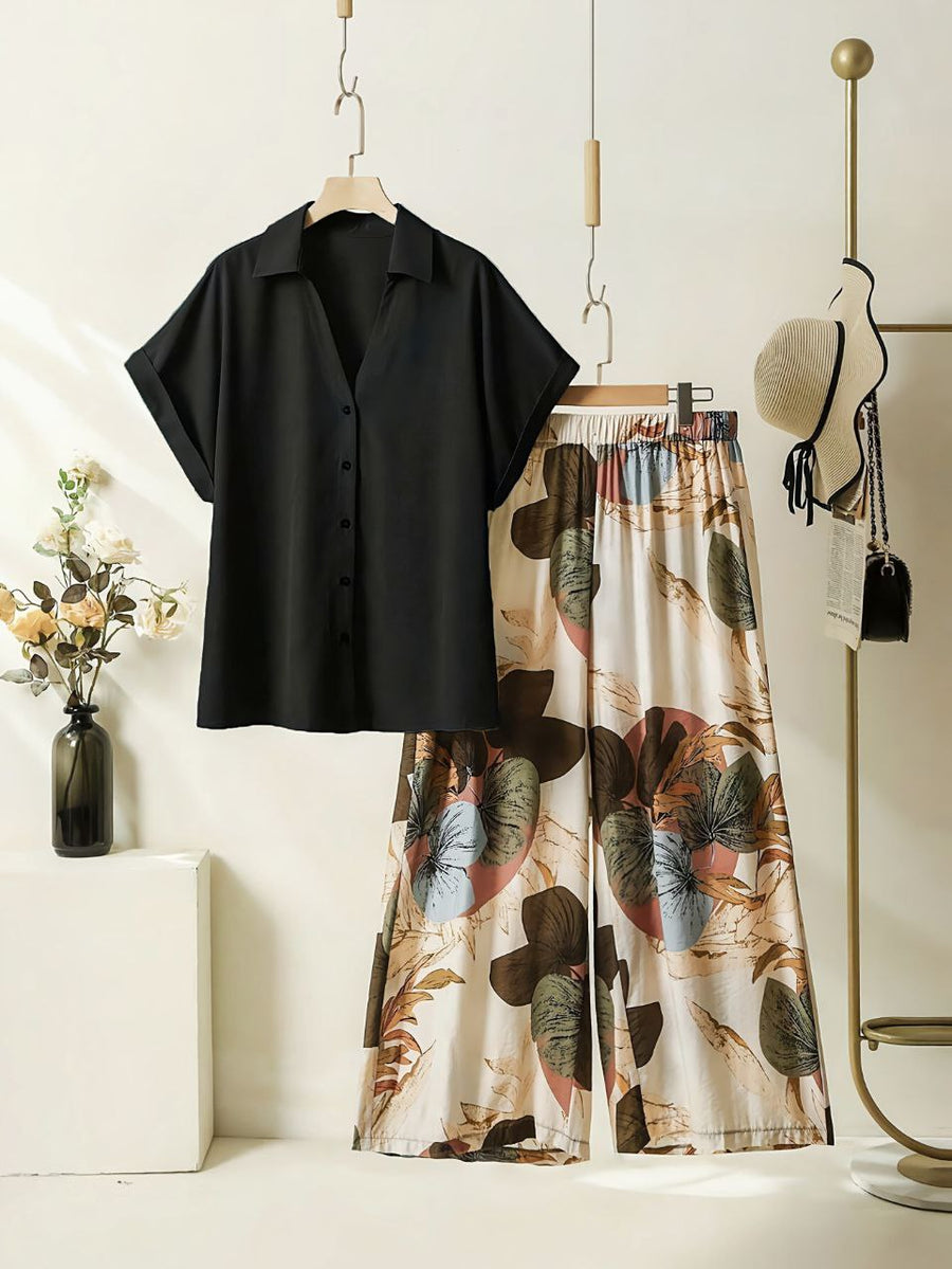 Soft Bloom - Black Shirt & Floral Pants Co-ord Set
